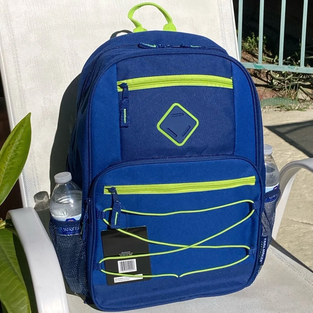 Blue Backpack with Green Trim Side Pockets New